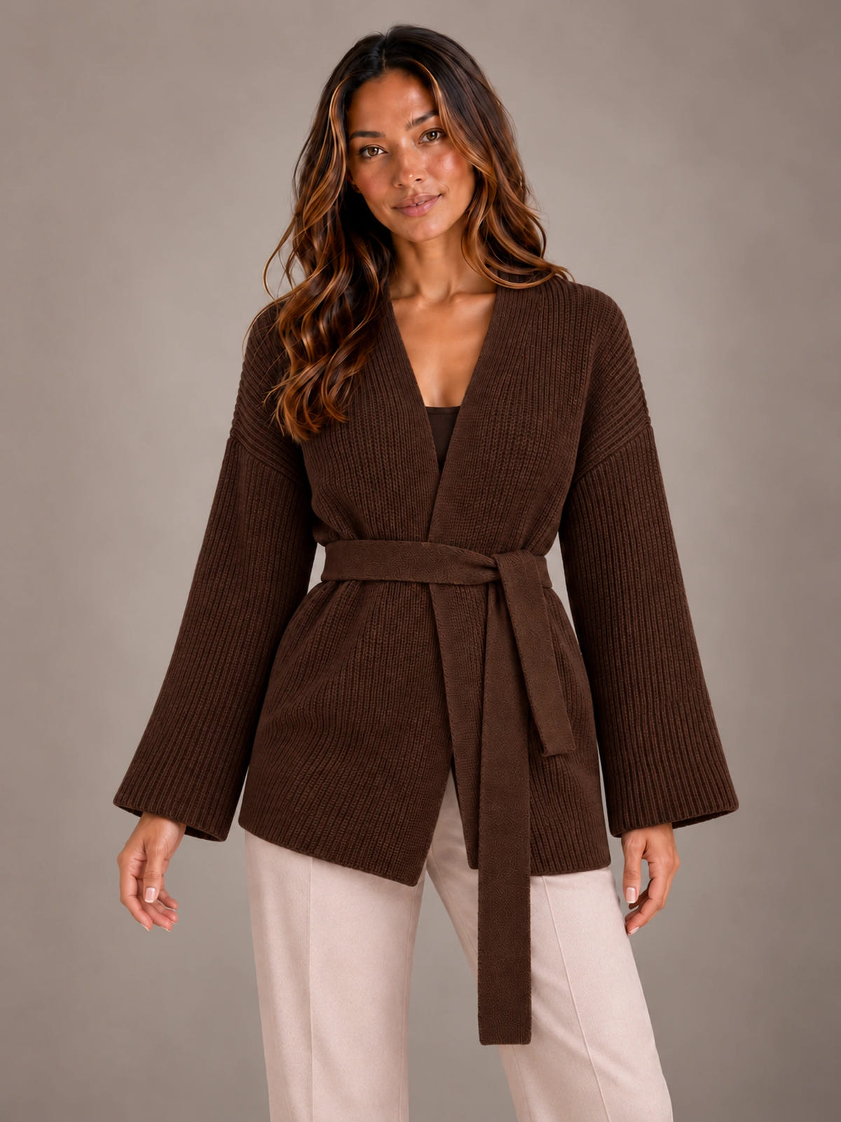 Women's Belted Wrap Cardigan – Chunky Rib Knit Shawl Collar in Chocolate, front view