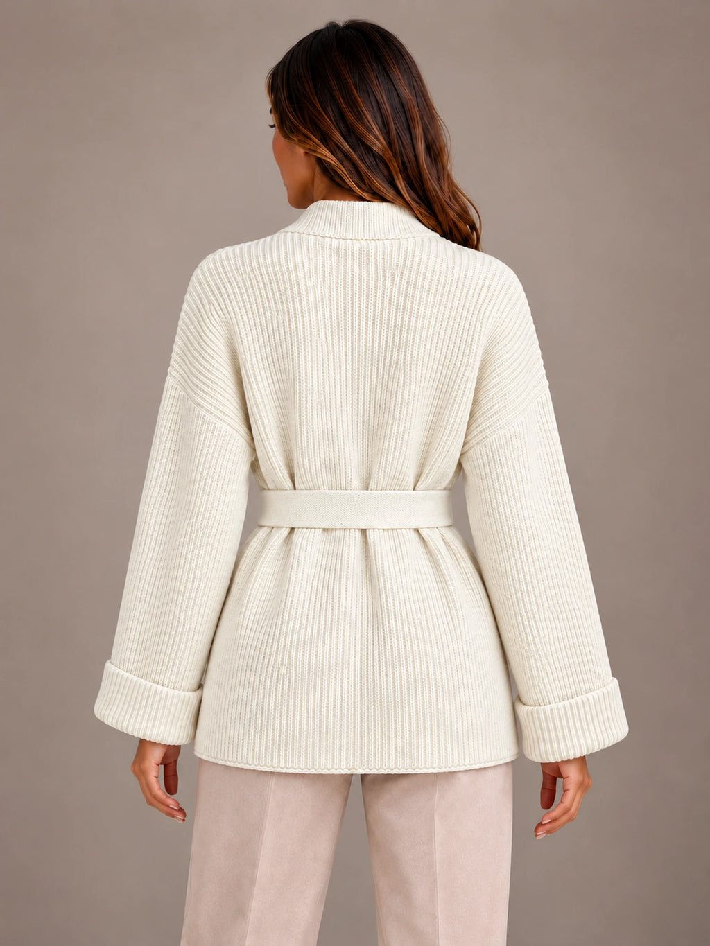 Women's Belted Wrap Cardigan – Chunky Rib Knit Shawl Collar in Cream, back view