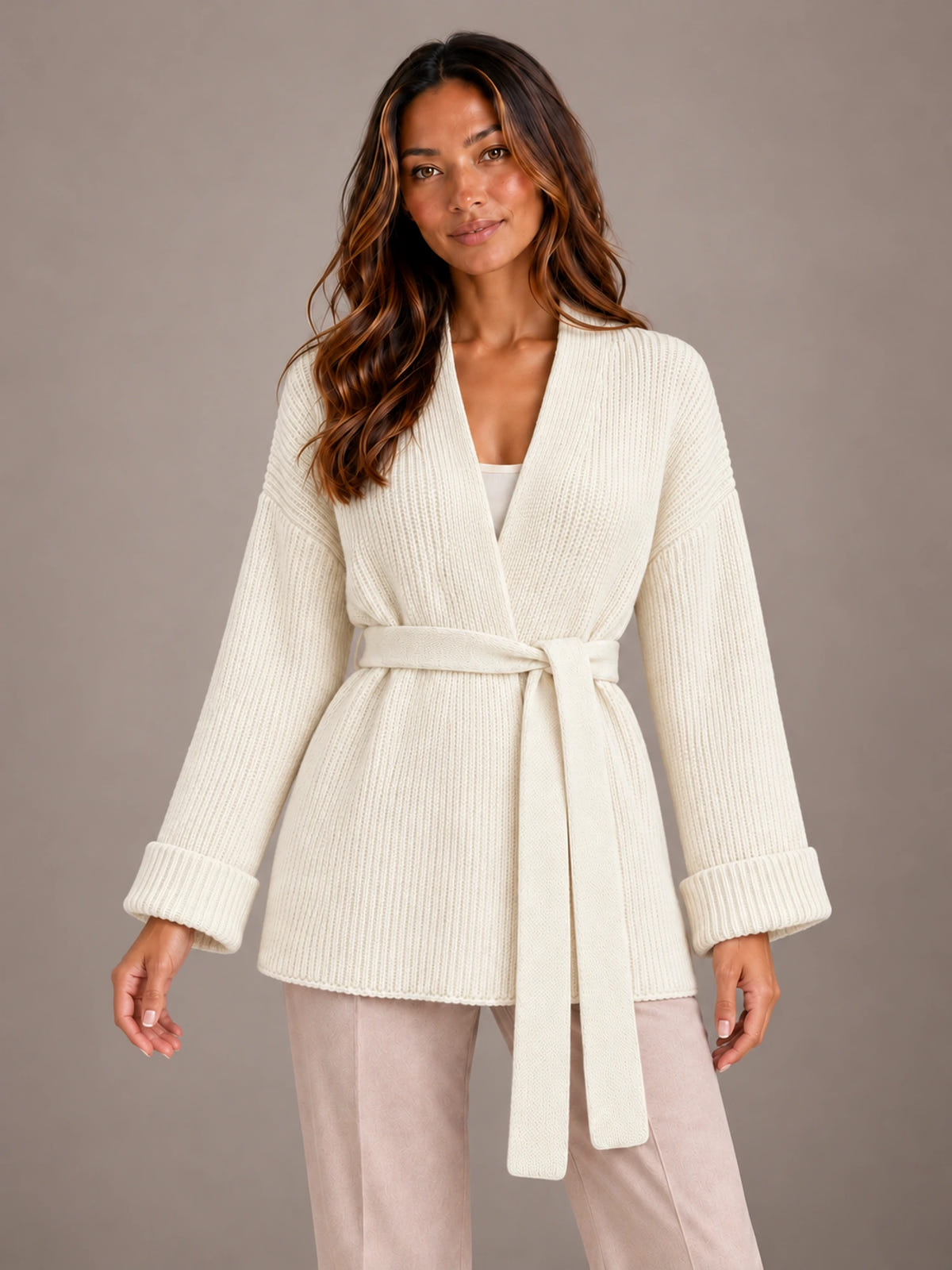 Women's Belted Wrap Cardigan – Chunky Rib Knit Shawl Collar in Cream, front view