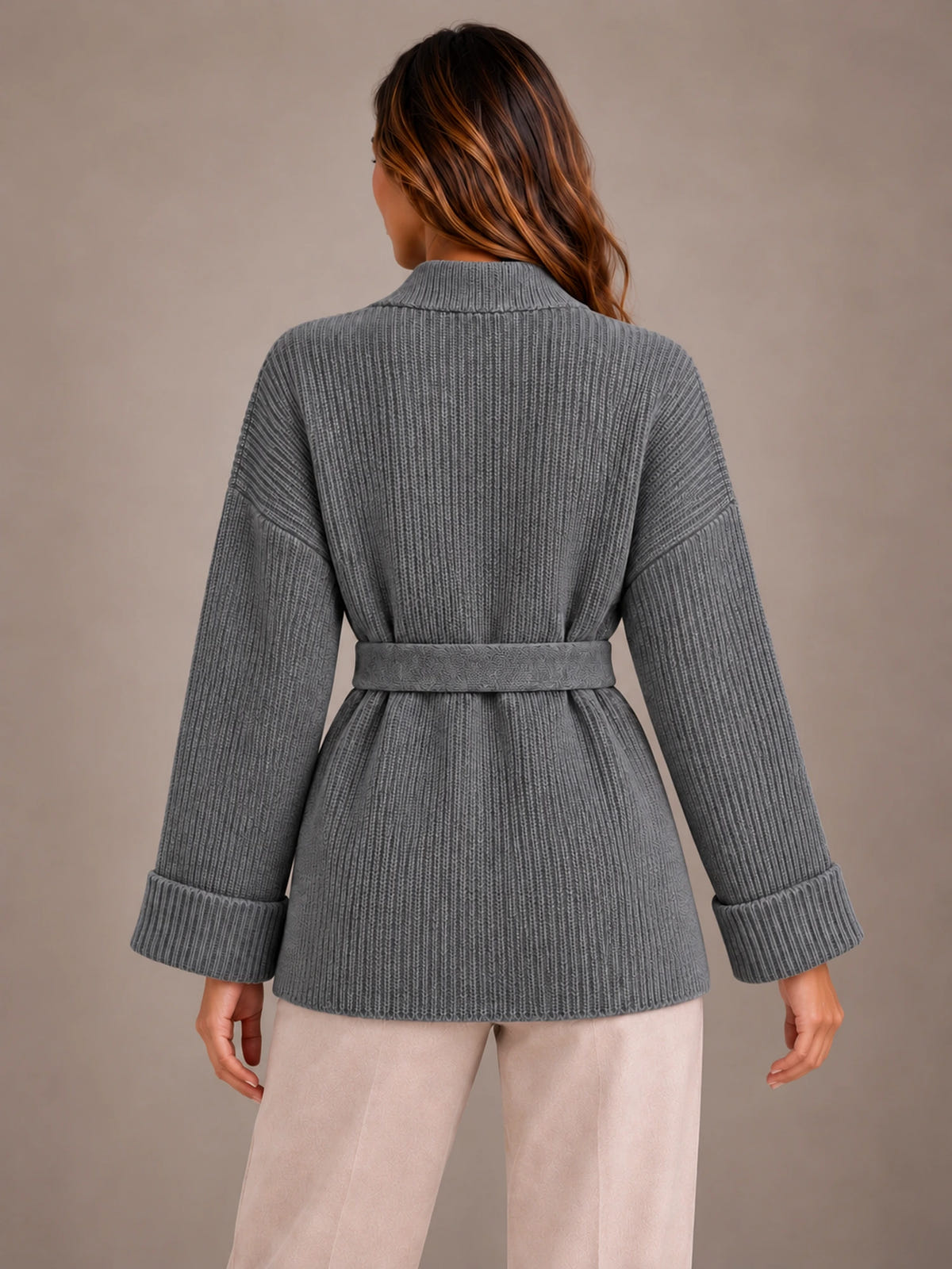 Women's Belted Wrap Cardigan – Chunky Rib Knit Shawl Collar in Charcoal, back view