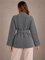 Women's Belted Wrap Cardigan – Chunky Rib Knit Shawl Collar in Charcoal, back view