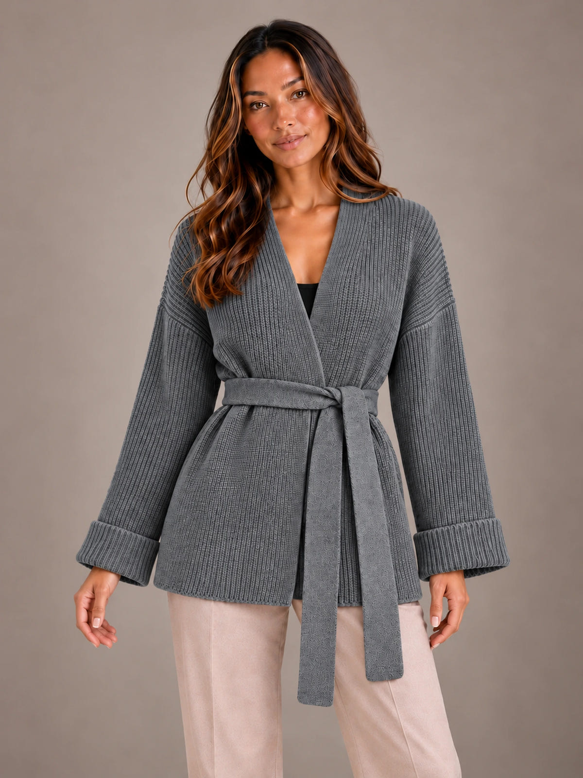 Women's Belted Wrap Cardigan – Chunky Rib Knit Shawl Collar in Charcoal, front view
