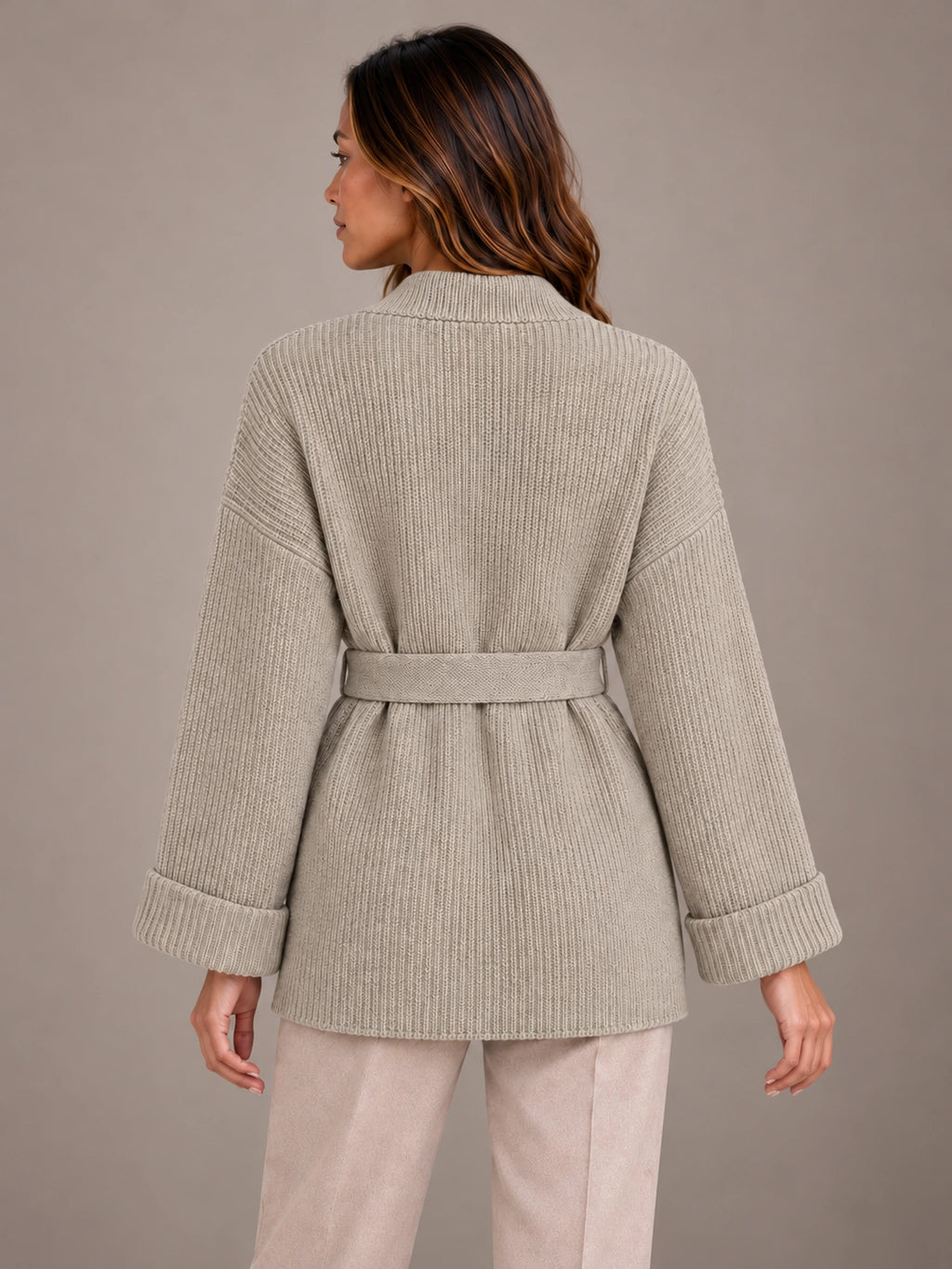 Women's Belted Wrap Cardigan – Chunky Rib Knit Shawl Collar in Stone, back view