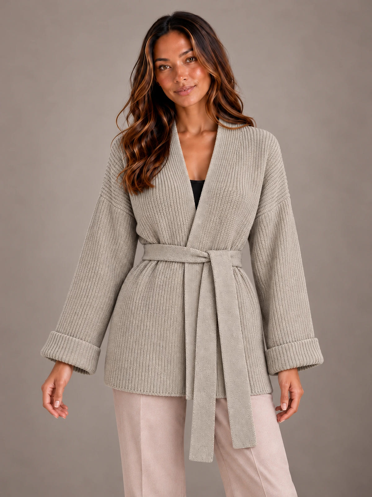Women's Belted Wrap Cardigan – Chunky Rib Knit Shawl Collar in Stone, front view