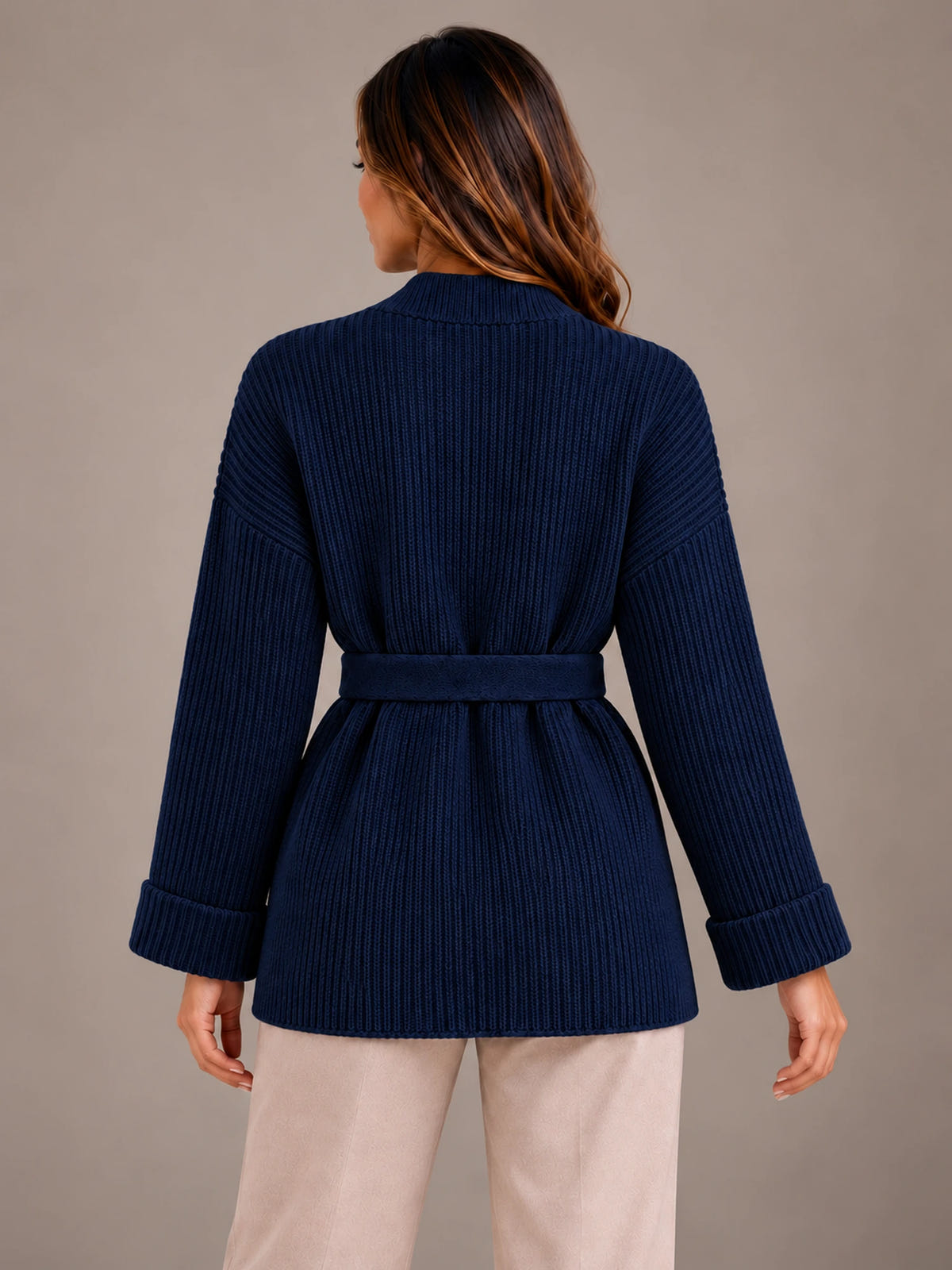 Women's Belted Wrap Cardigan – Chunky Rib Knit Shawl Collar in Navy, back view