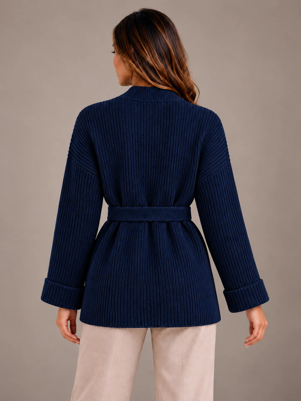 Women's Belted Wrap Cardigan – Chunky Rib Knit Shawl Collar in Navy, back view