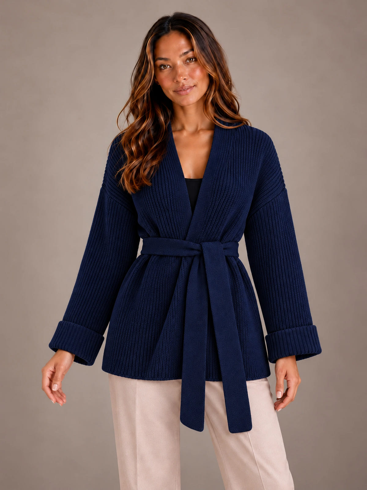 Women's Belted Wrap Cardigan – Chunky Rib Knit Shawl Collar in Navy, front view