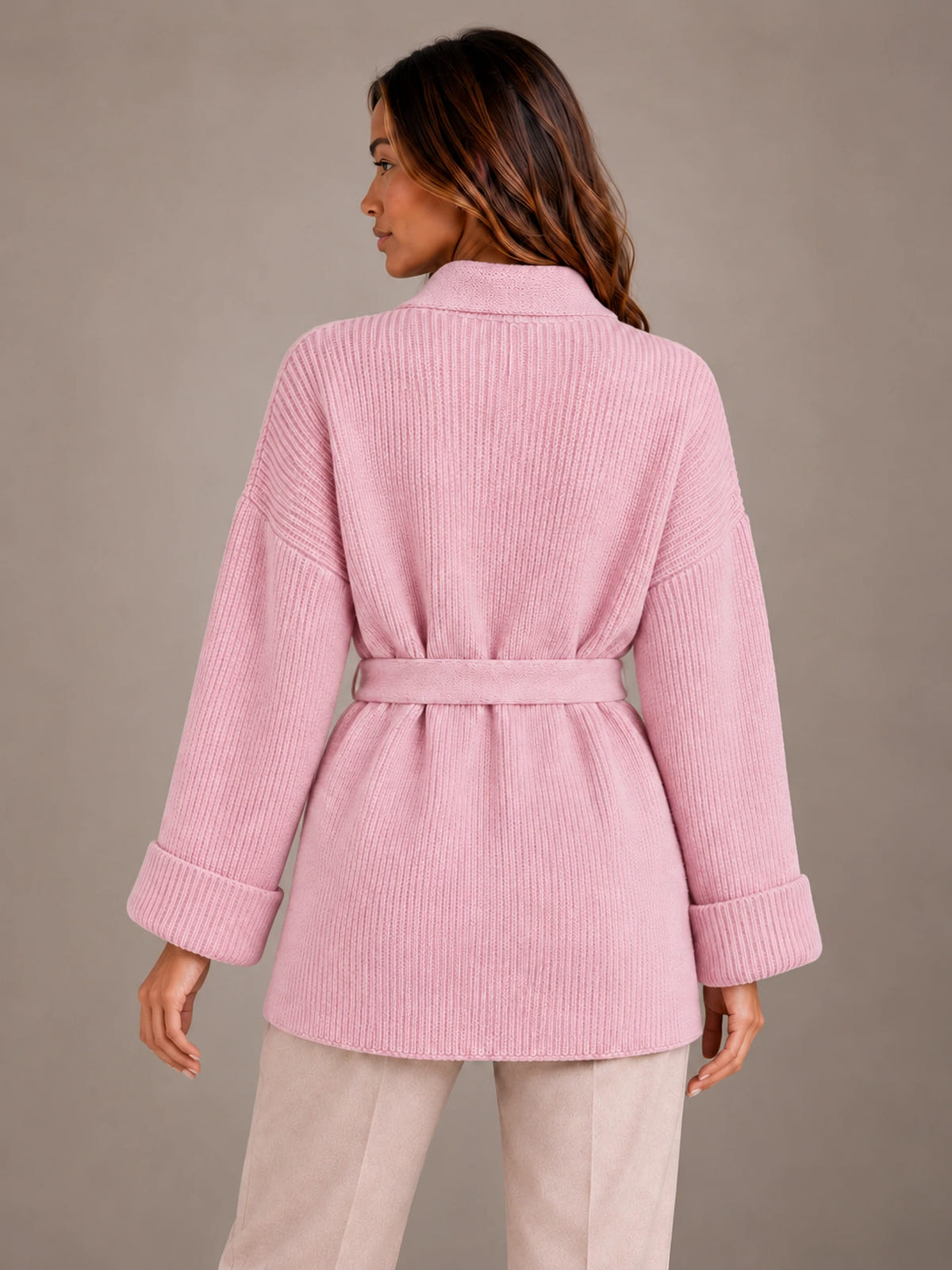 Women's Belted Wrap Cardigan – Chunky Rib Knit Shawl Collar in Pink, back view