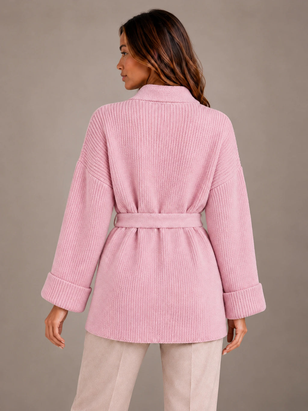 Women's Belted Wrap Cardigan – Chunky Rib Knit Shawl Collar in Pink, back view