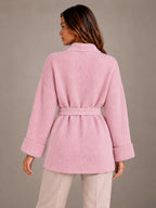 Women's Belted Wrap Cardigan – Chunky Rib Knit Shawl Collar in Pink, back view