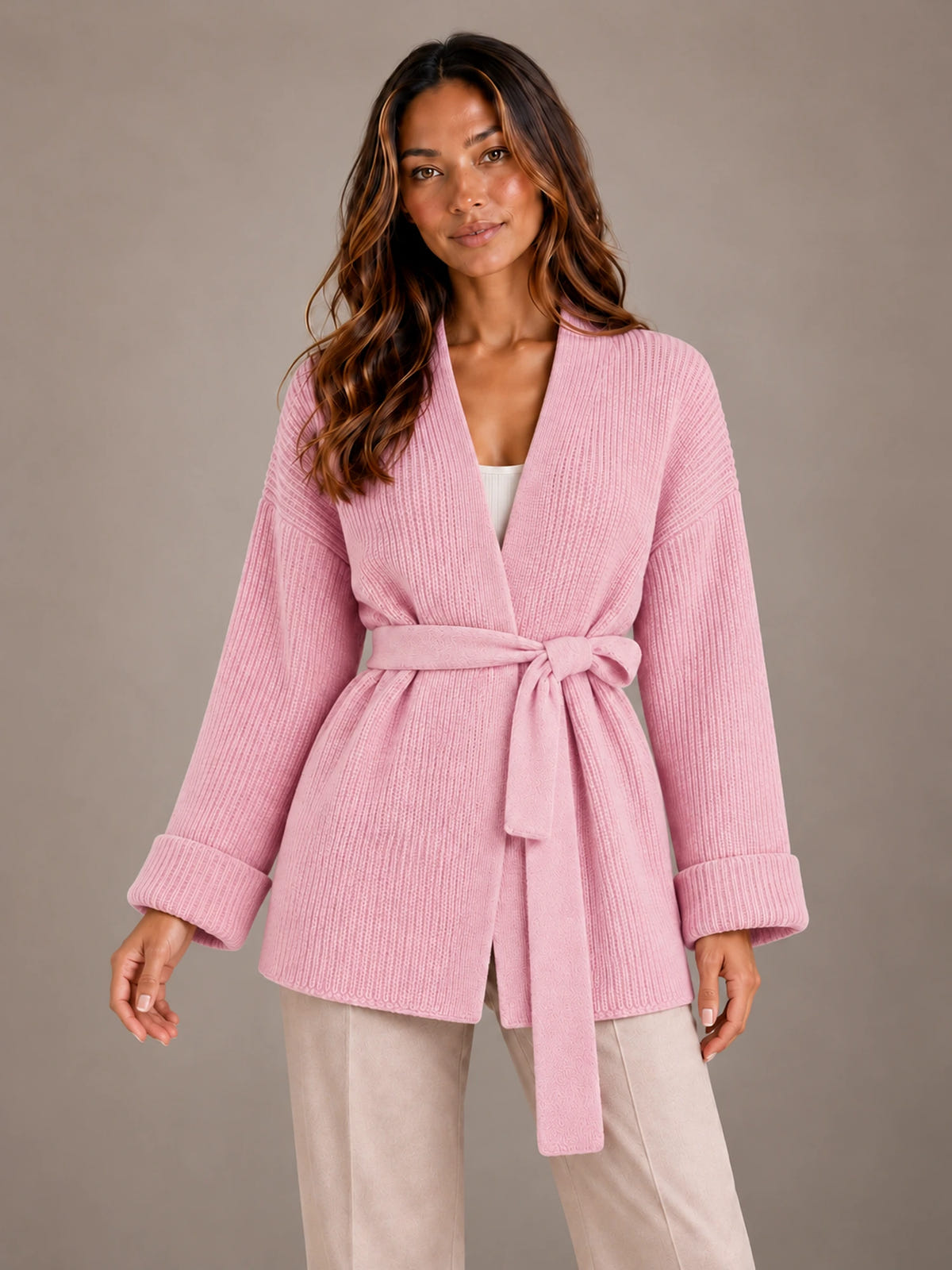 Women's Belted Wrap Cardigan – Chunky Rib Knit Shawl Collar in Pink, front view