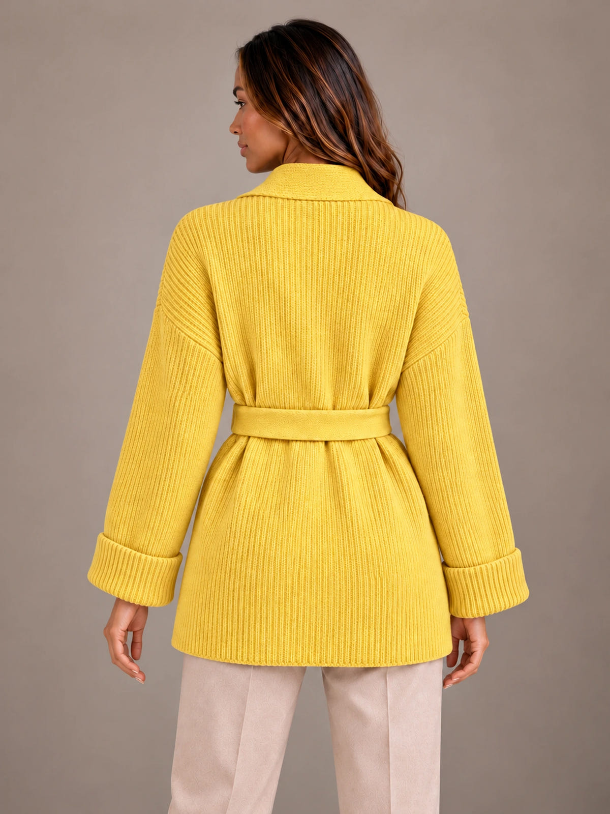 Women's Belted Wrap Cardigan – Chunky Rib Knit Shawl Collar in Yellow, back view