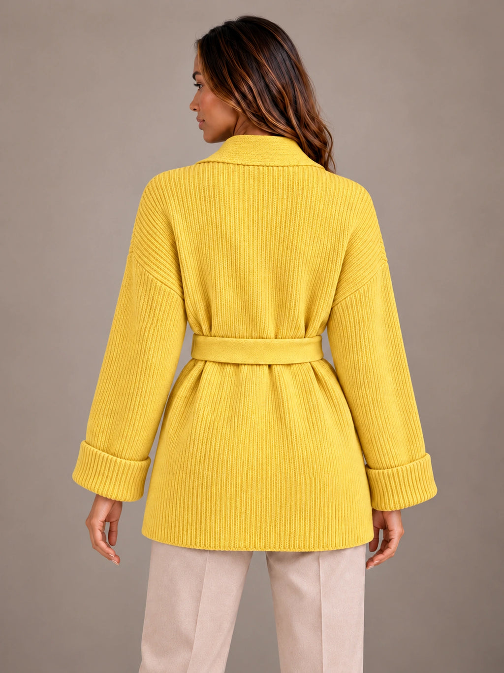 Women's Belted Wrap Cardigan – Chunky Rib Knit Shawl Collar in Yellow, back view