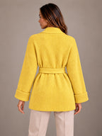 Women's Belted Wrap Cardigan – Chunky Rib Knit Shawl Collar in Yellow, back view