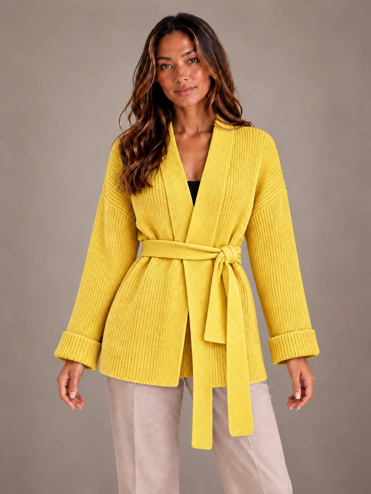 Women's Belted Wrap Cardigan – Chunky Rib Knit Shawl Collar in Yellow, front view
