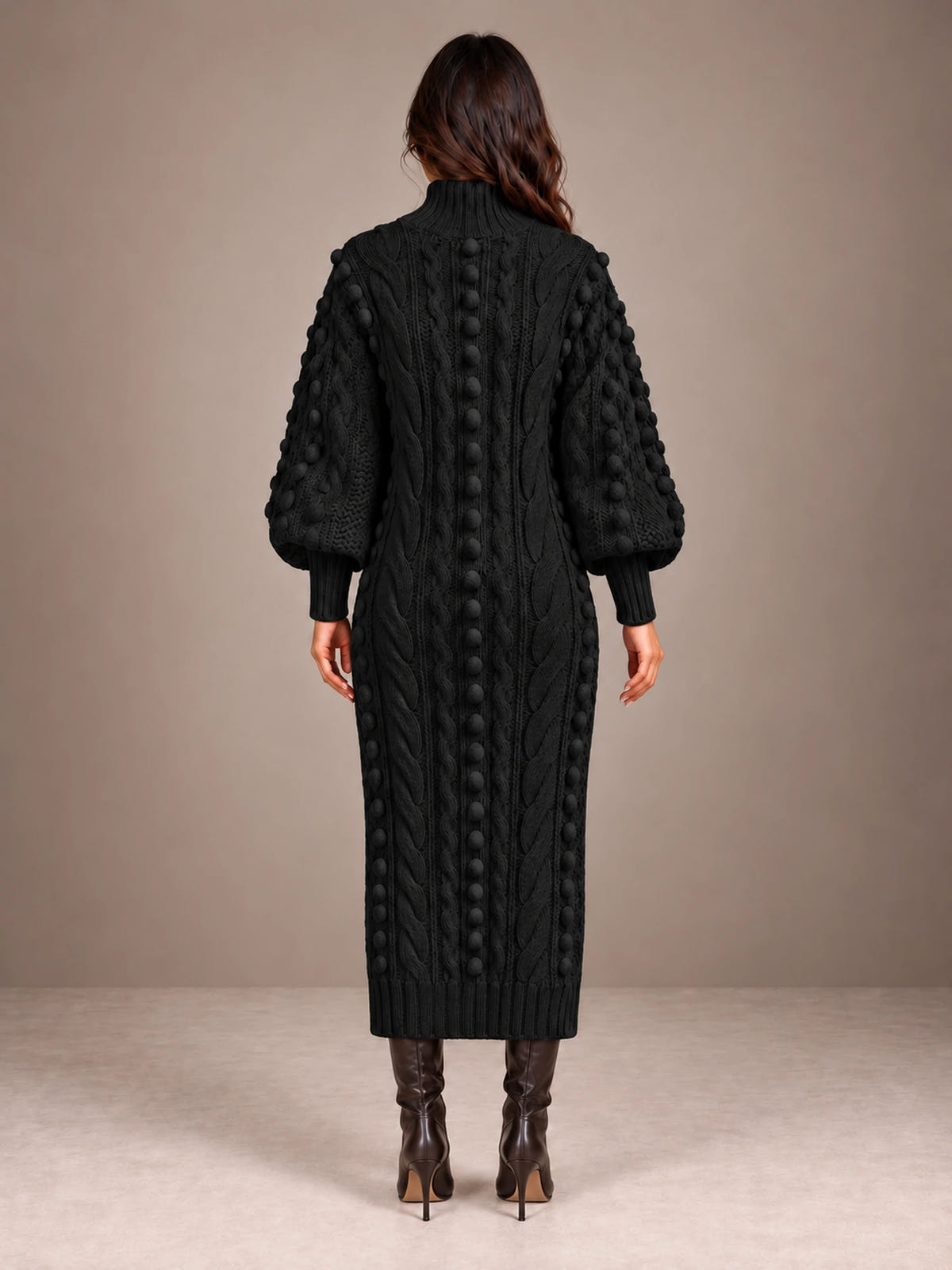 Women's Popcorn Knit Sweater Dress – Cable Knit Midi Balloon Sleeve in Black, back view