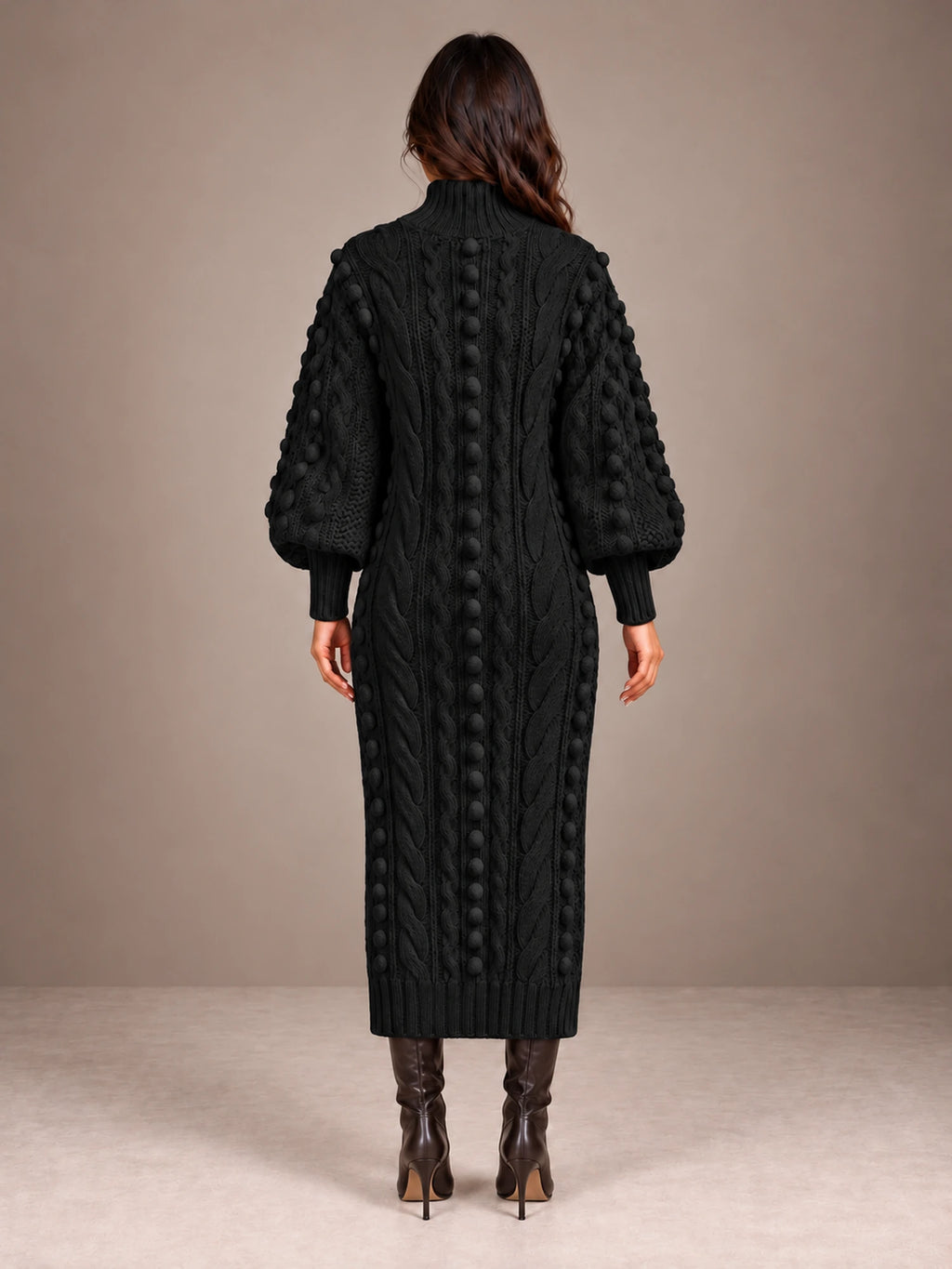 Women's Popcorn Knit Sweater Dress – Cable Knit Midi Balloon Sleeve in Black, back view