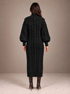 Women's Popcorn Knit Sweater Dress – Cable Knit Midi Balloon Sleeve in Black, back view