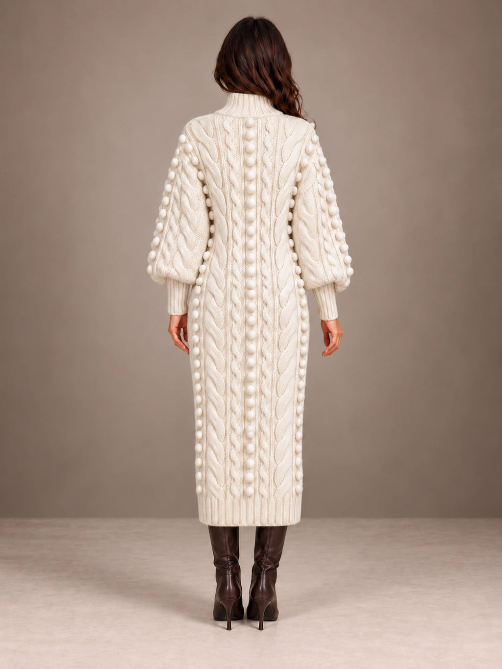 Women's Popcorn Knit Sweater Dress – Cable Knit Midi Balloon Sleeve in Cream, back view
