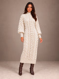 Women's Popcorn Knit Sweater Dress – Cable Knit Midi Balloon Sleeve in Cream, front view