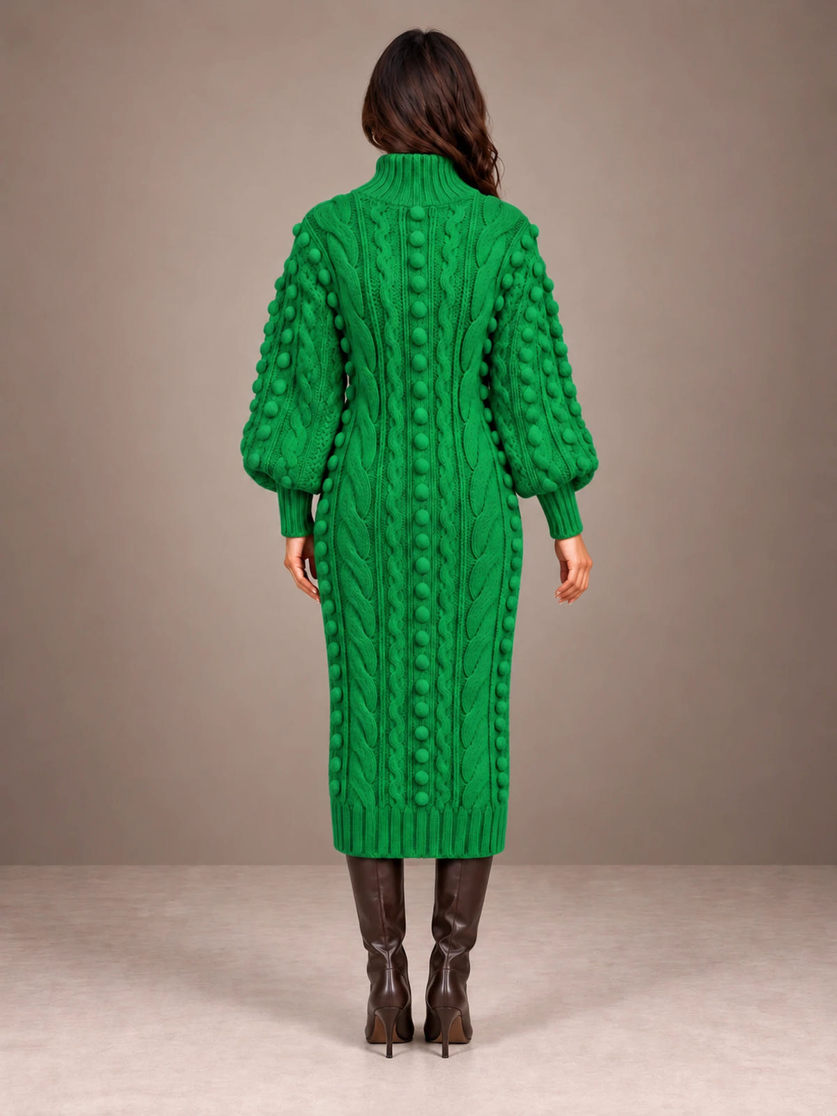 Women's Popcorn Knit Sweater Dress – Cable Knit Midi Balloon Sleeve in Emerald Green, back view
