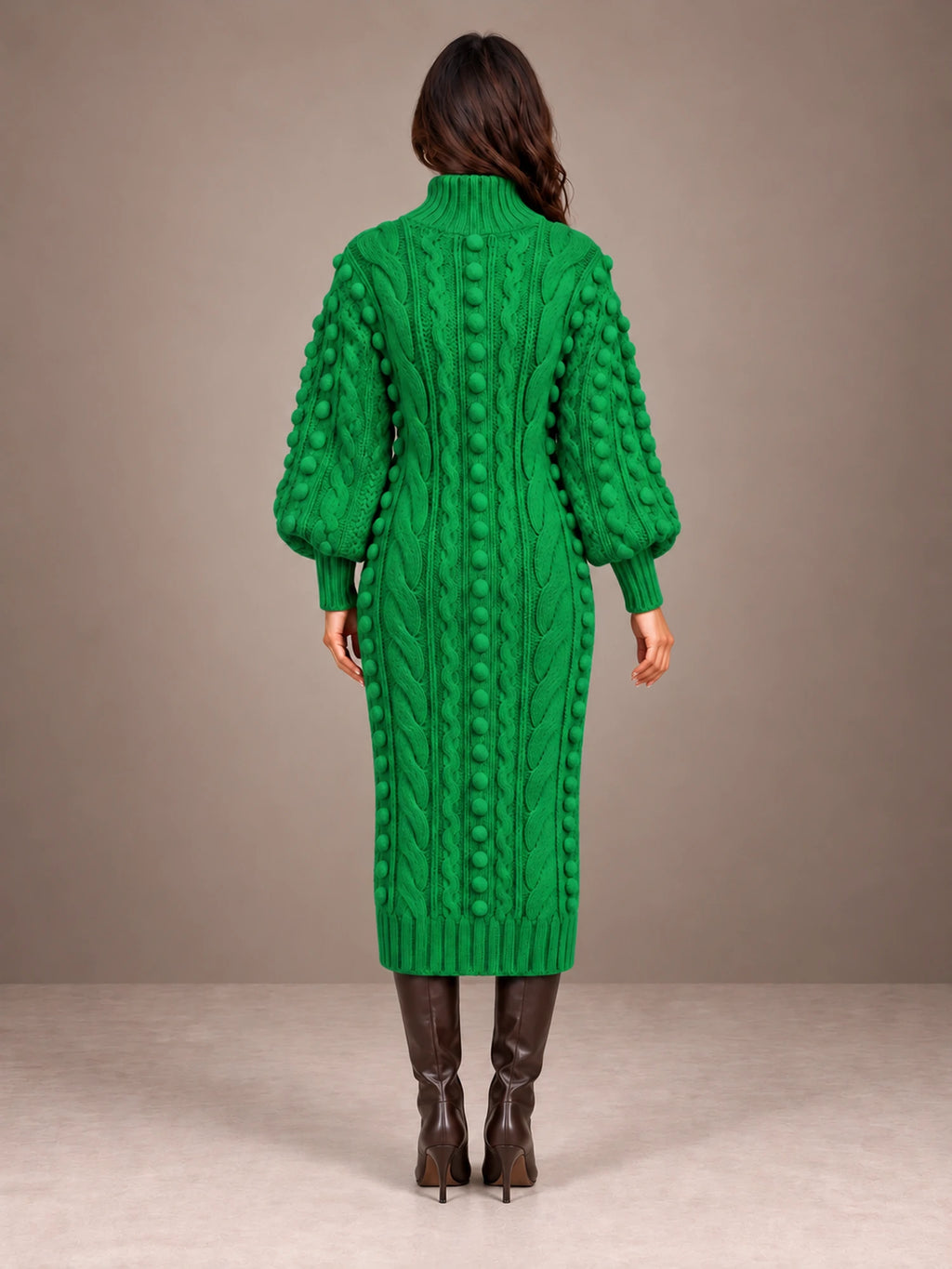 Women's Popcorn Knit Sweater Dress – Cable Knit Midi Balloon Sleeve in Emerald Green, back view