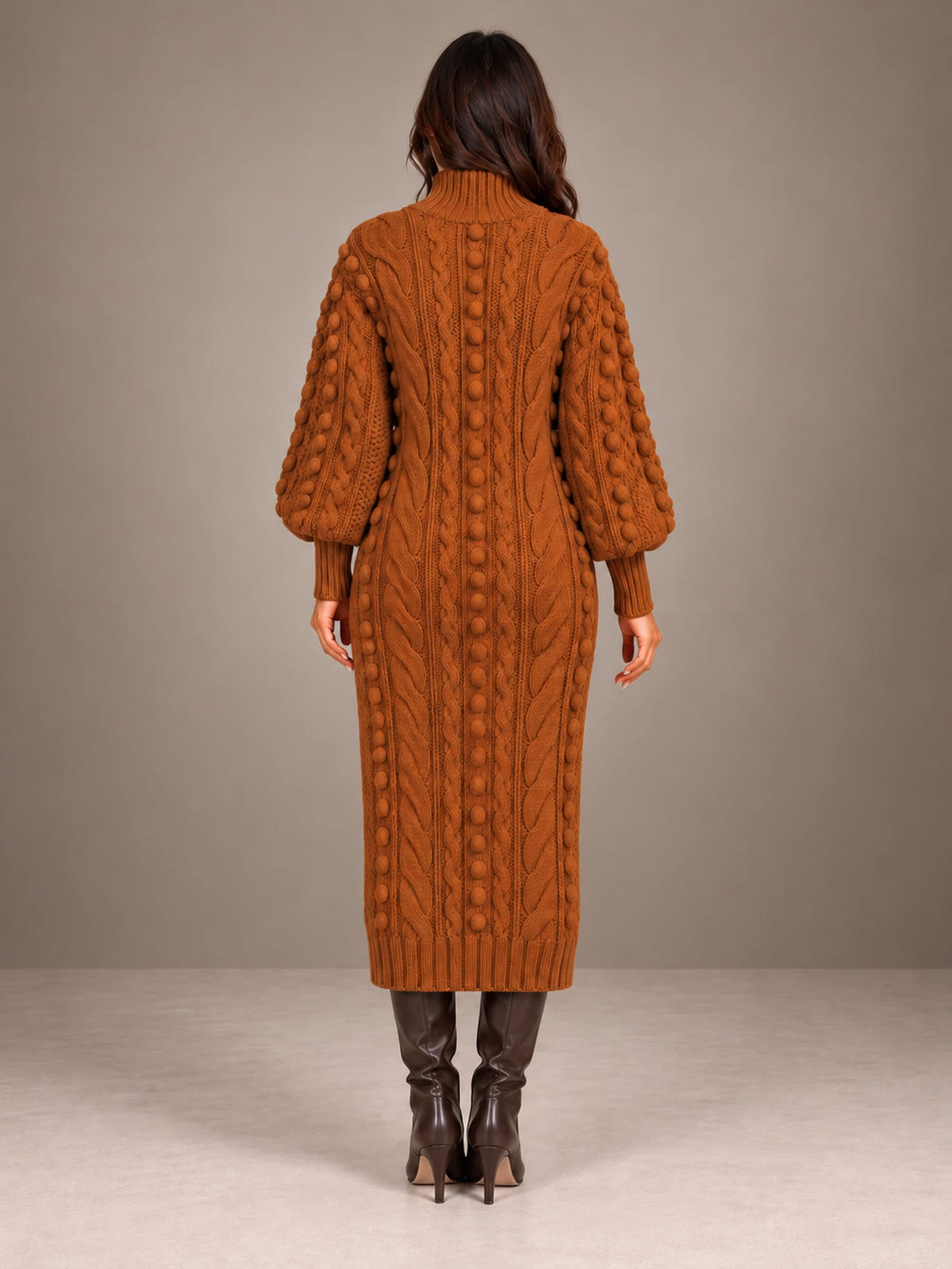 Women's Popcorn Knit Sweater Dress – Cable Knit Midi Balloon Sleeve in Rust, back view