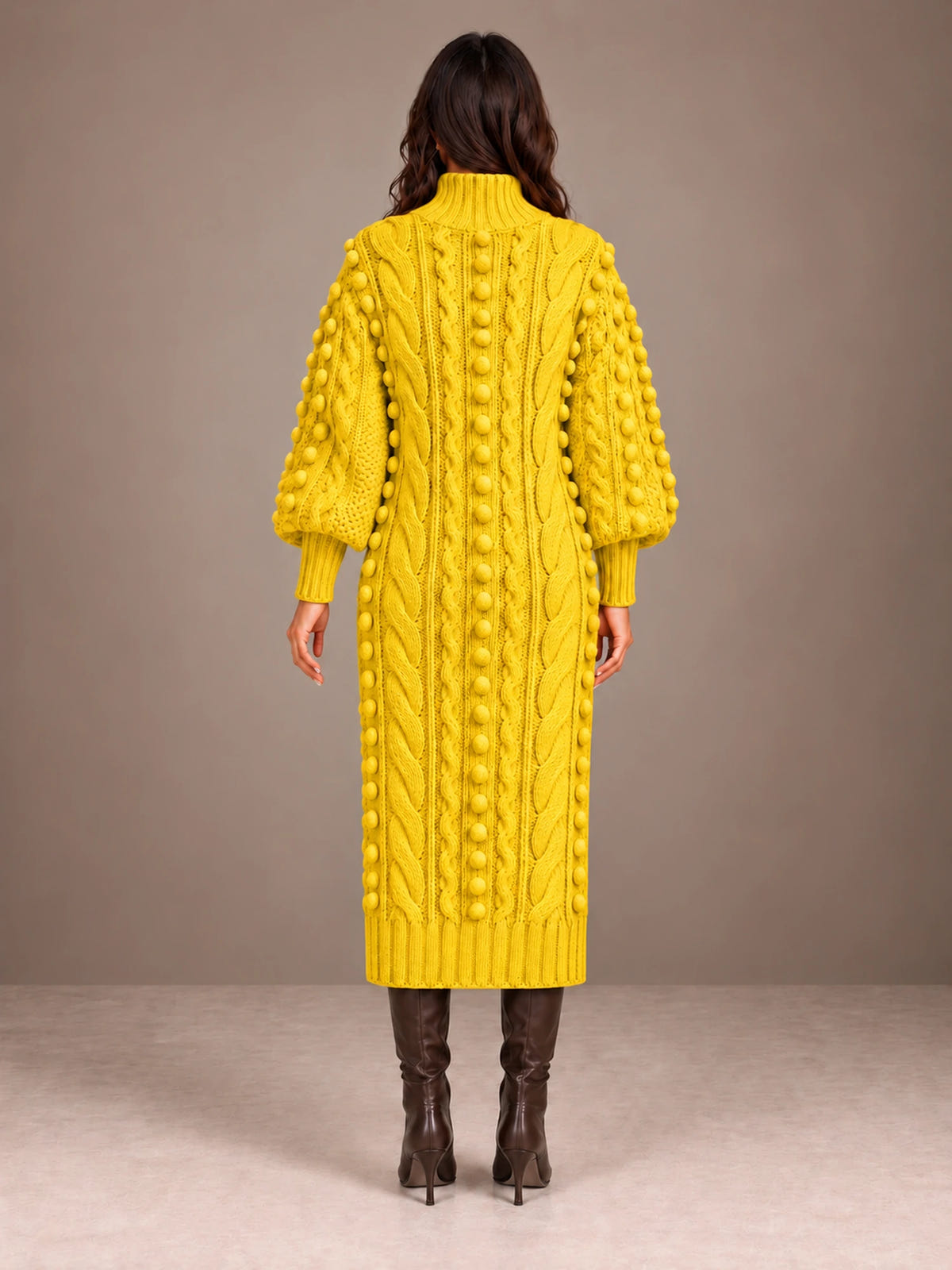 Women's Popcorn Knit Sweater Dress – Cable Knit Midi Balloon Sleeve in Yellow, back view