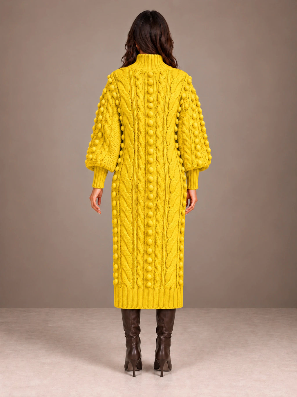 Women's Popcorn Knit Sweater Dress – Cable Knit Midi Balloon Sleeve in Yellow, back view