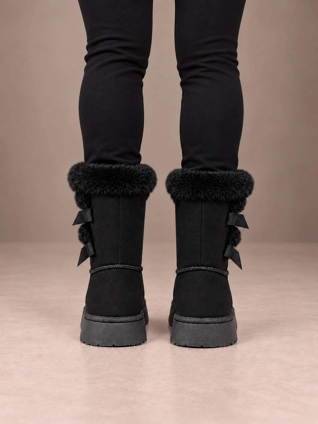 Women's Bow Detail Winter Boots – Fleece-Lined Platform Sole in Black, back view