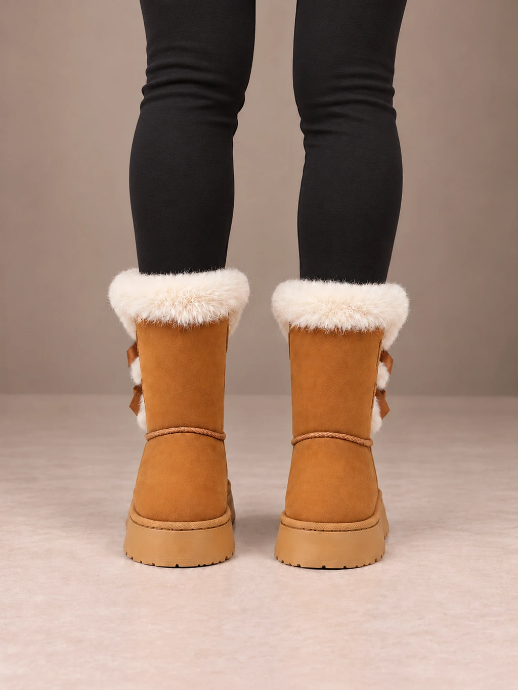 Women's Bow Detail Winter Boots – Fleece-Lined Platform Sole in Camel, back view