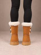 Women's Bow Detail Winter Boots – Fleece-Lined Platform Sole in Camel, back view