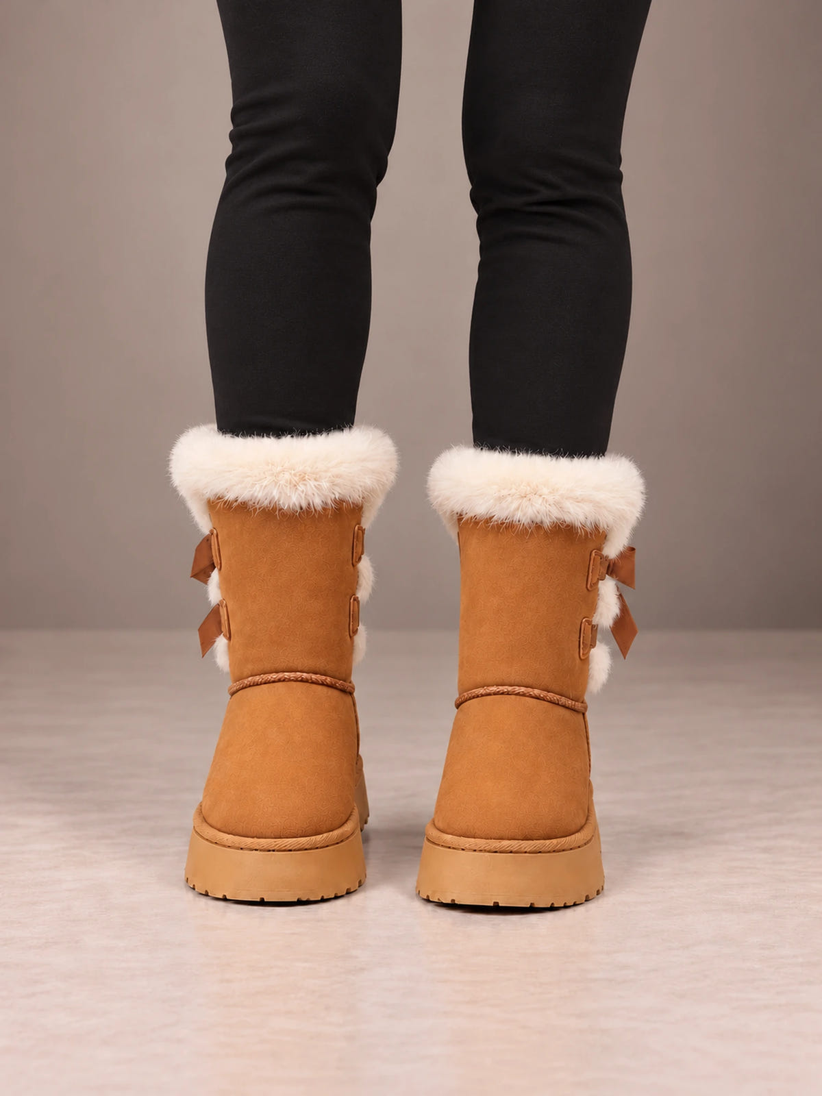 Women's Bow Detail Winter Boots – Fleece-Lined Platform Sole in Camel, front view