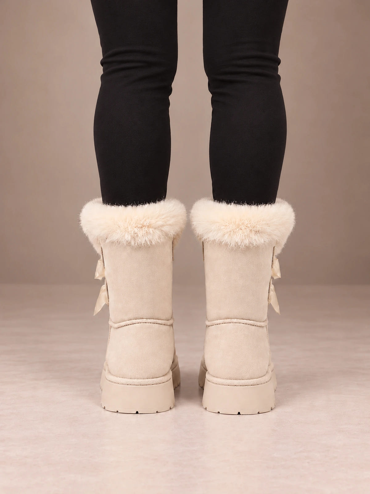 Women's Bow Detail Winter Boots – Fleece-Lined Platform Sole in Cream, back view