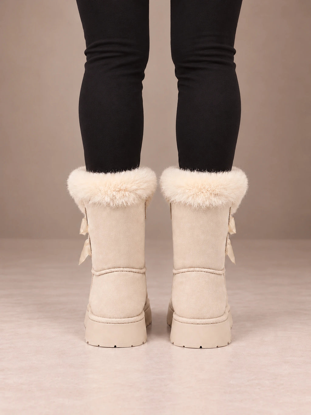 Women's Bow Detail Winter Boots – Fleece-Lined Platform Sole in Cream, back view