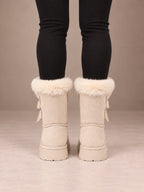 Women's Bow Detail Winter Boots – Fleece-Lined Platform Sole in Cream, back view