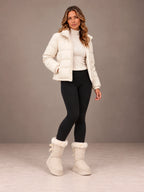 Women's Bow Detail Winter Boots – Fleece-Lined Platform Sole in Cream, on model view