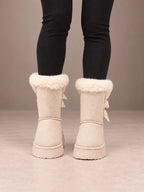 Women's Bow Detail Winter Boots – Fleece-Lined Platform Sole in Cream, front view