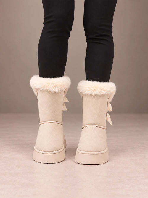 Women's Bow Detail Winter Boots – Fleece-Lined Platform Sole in Cream, front view