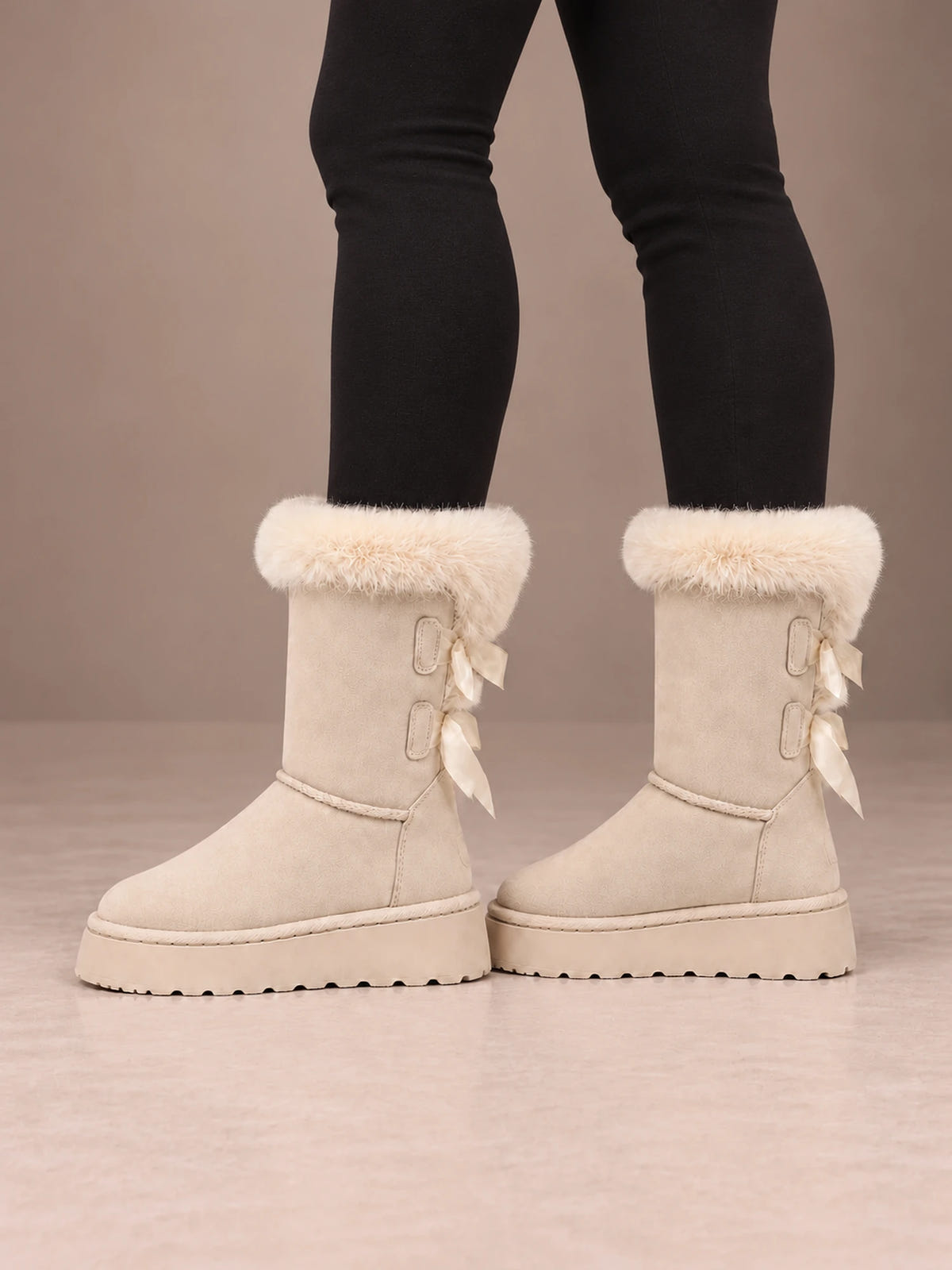 Women's Bow Detail Winter Boots – Fleece-Lined Platform Sole in Cream, side view