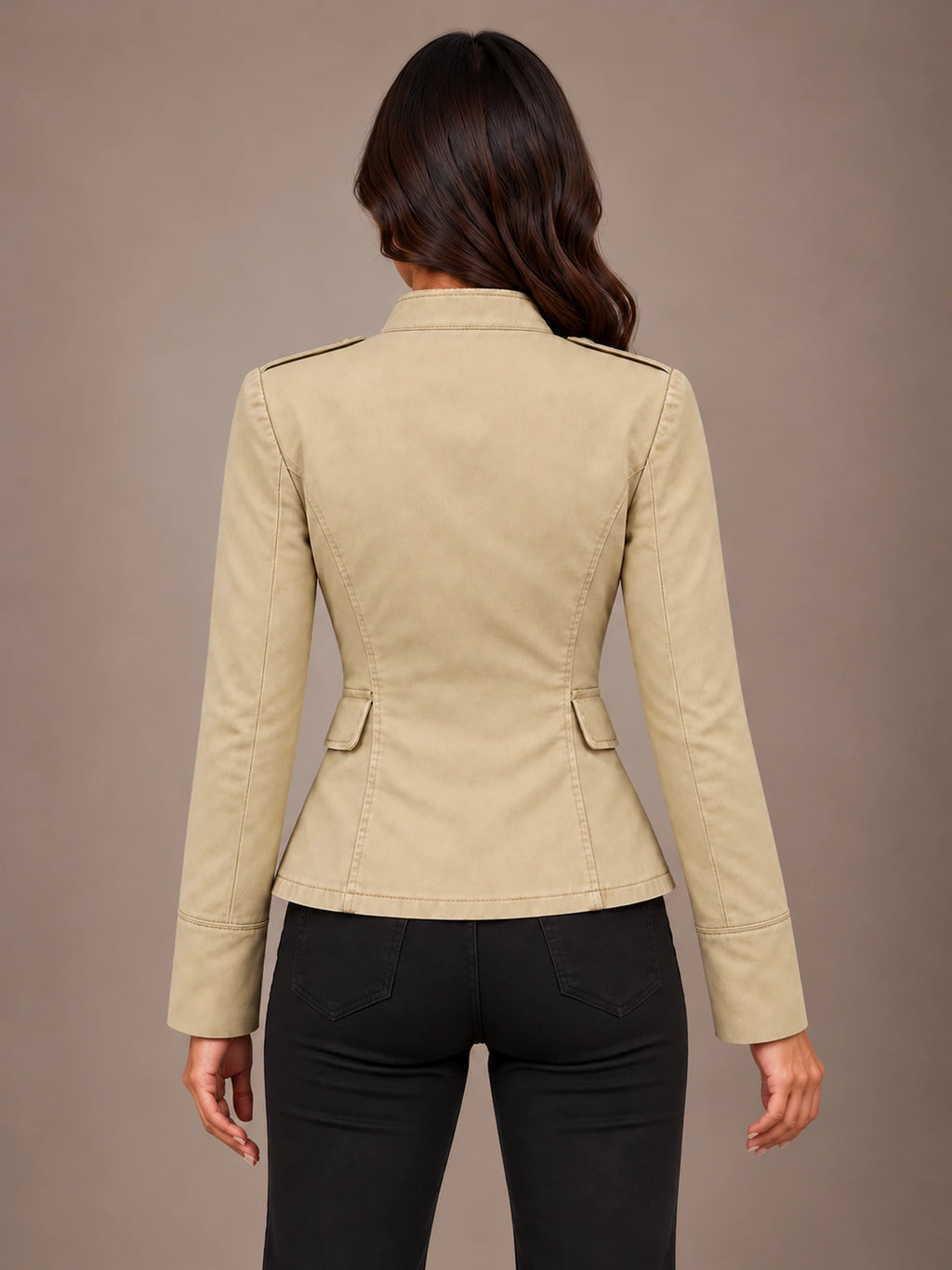 Women's Military Style Jacket – Braided Button Fitted Beige in Beige, back view