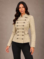 Women's Military Style Jacket – Braided Button Fitted Beige in Beige, on model view