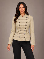 Women's Military Style Jacket – Braided Button Fitted Beige in Beige, front view