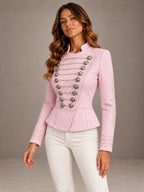 Women's Pink Military Blazer – Braided Button Peplum Jacket in Pink, on model view