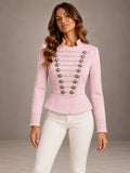Women's Pink Military Blazer – Braided Button Peplum Jacket in Pink, front view