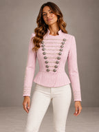 Women's Pink Military Blazer – Braided Button Peplum Jacket in Pink, front view