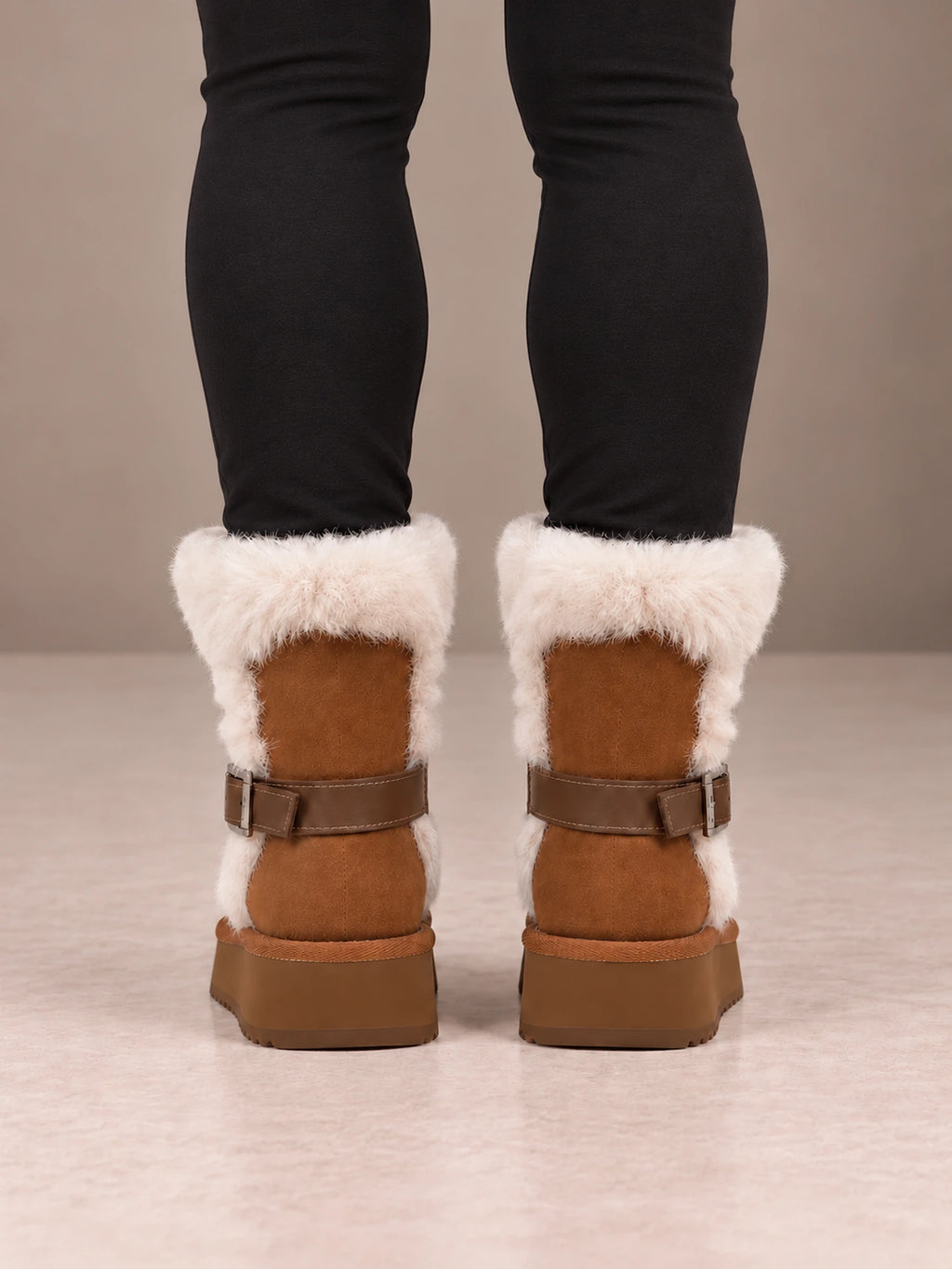 Women's Buckle Fur Trim Boots – Platform Ankle Winter Boots in Camel, back view