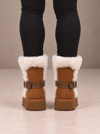Women's Buckle Fur Trim Boots – Platform Ankle Winter Boots in Camel, back view