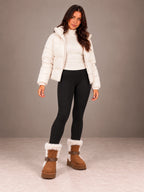 Women's Buckle Fur Trim Boots – Platform Ankle Winter Boots in Camel, on model view