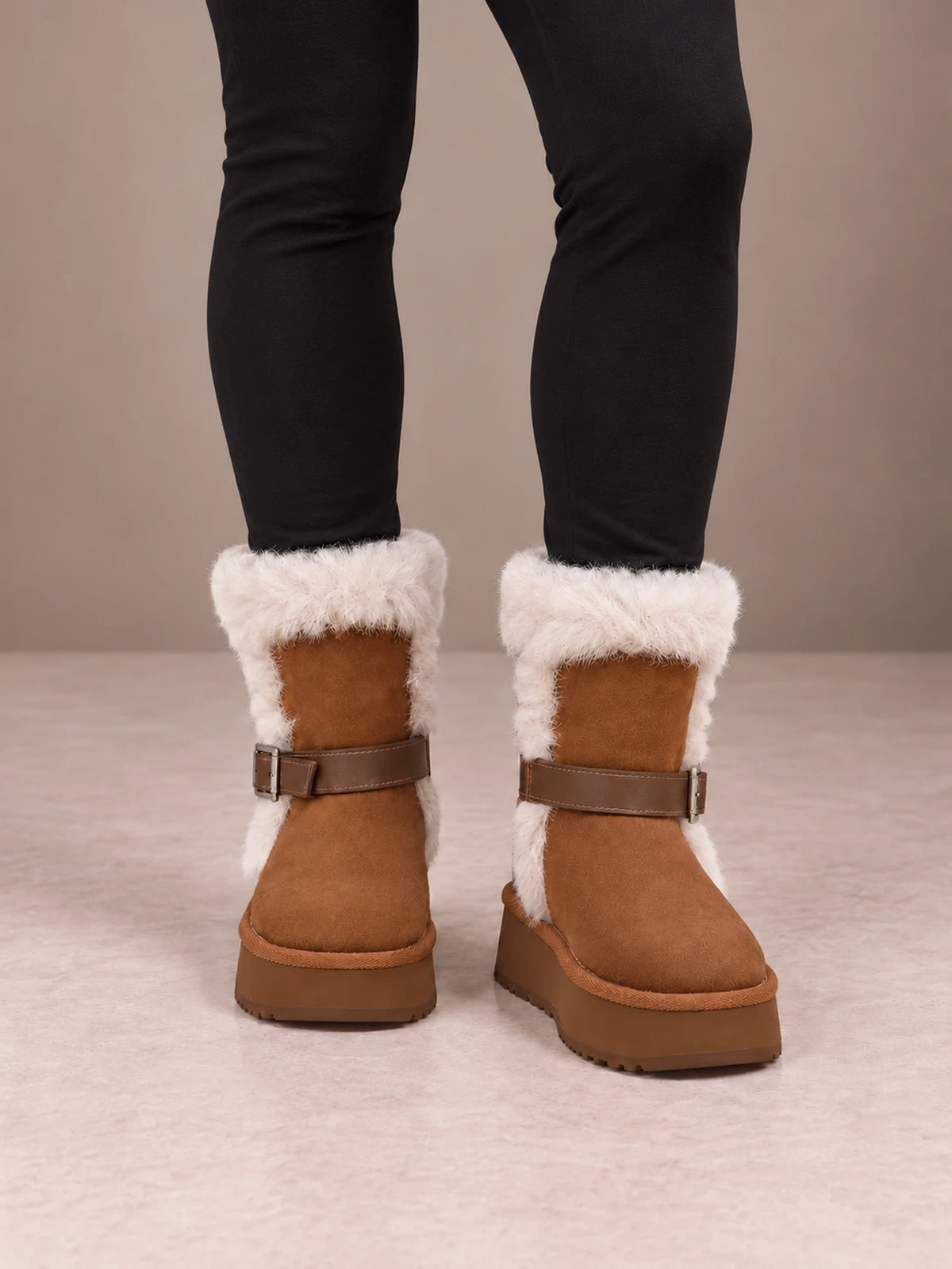 Women's Buckle Fur Trim Boots – Platform Ankle Winter Boots in Camel, front view